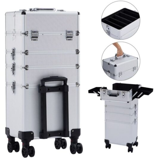 4 in 1 Cosmetic Case 4 Compartments & 1 Drawer Telescopic and Carrying Handle 8 Locks 4X 360° Wheels Velvet Lining Trolley Make-Up Case - Arebos