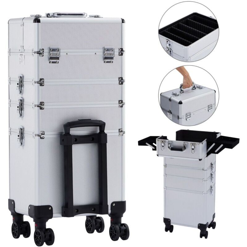 4 in 1 Cosmetic Case 4 Compartments & 1 Drawer Telescopic and Carrying Handle 8 Locks 4X 360° Wheels Velvet Lining Trolley Make-Up Case - Arebos