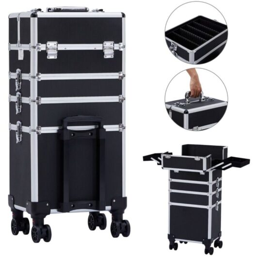 AREBOS 4 in 1 Cosmetic Case 4 Compartments & 1 Drawer Telescopic and Carrying Handle 8 Locks 4X 360° Wheels Velvet Lining Trolley Make-Up Case