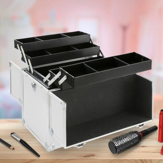 Aluminium Make Up Case Cosmetic Case Hard Vanity Case 2 Locks with Keys 4 x Fold Out Trays Handle & Strap Silver - Arebos