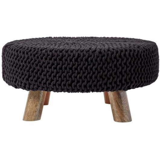 Black Large Round Cotton Knitted Footstool on Legs - Homescapes