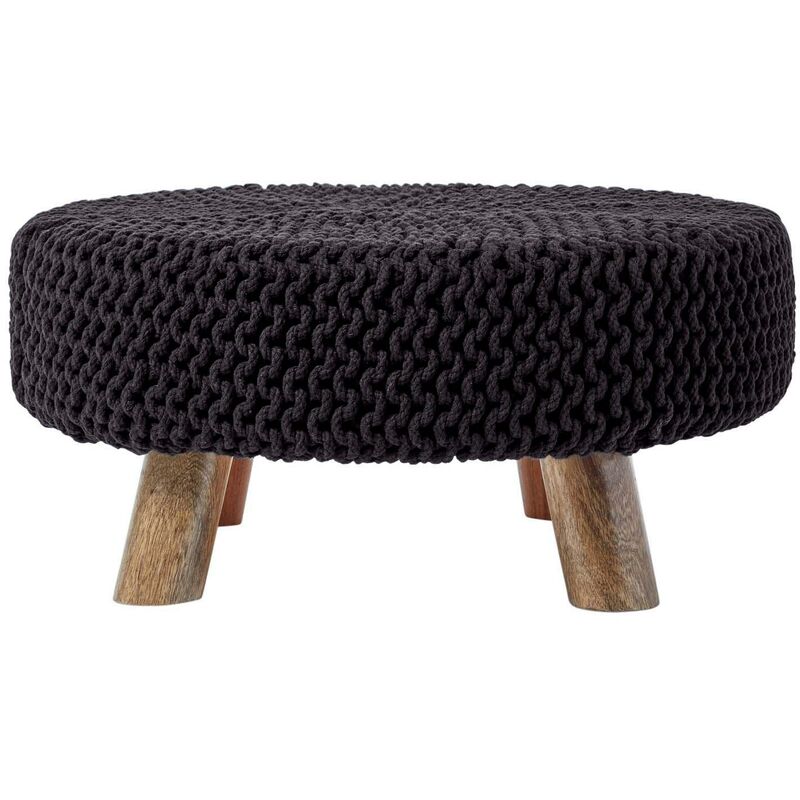 Black Large Round Cotton Knitted Footstool on Legs - Homescapes
