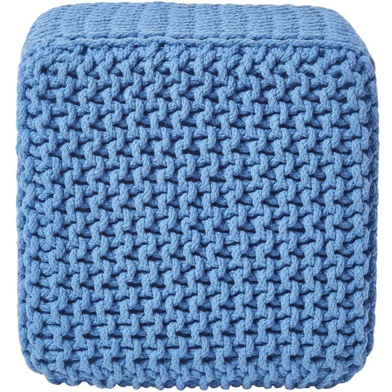 Blue Cube Cotton Knitted Pouffe Footstool - Homescapes