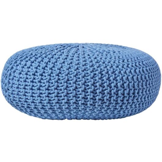 Blue Large Round Cotton Knitted Pouffe Footstool - Homescapes