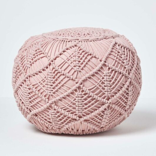Blush Pink Crochet Knitted Pouffe 35 x 40 cm - Homescapes