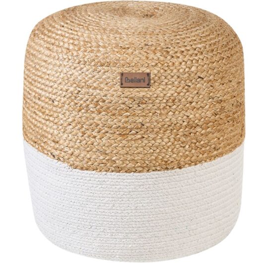 Boho Knitted Round Pouffe Ottoman Jute Cotton 46 x 48 cm White Dalama