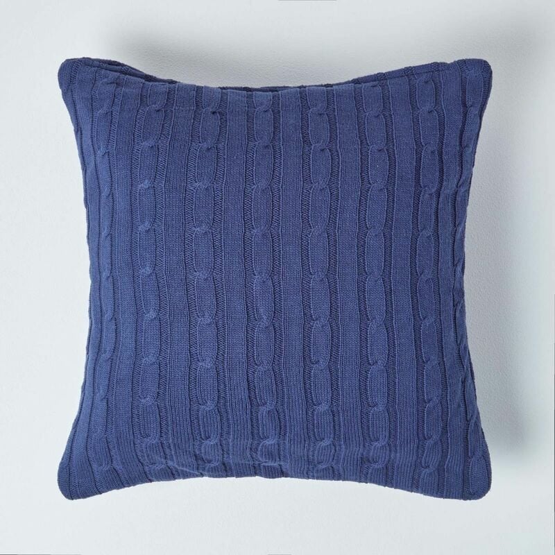 Cotton Cable Knit Navy Blue Cushion Cover, 45 x 45 cm - Blue - Homescapes