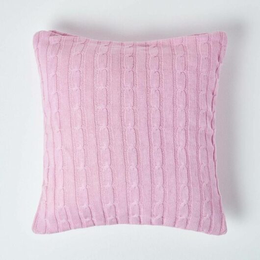 Cotton Cable Knit Pastel Pink Cushion Cover, 45 x 45 cm - Pink - Homescapes