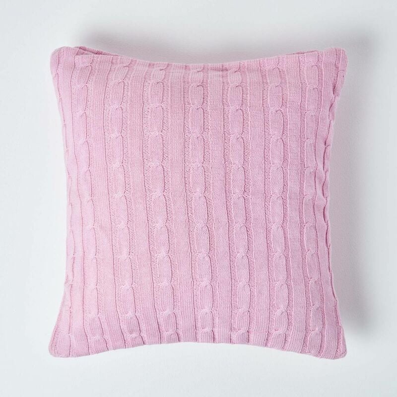 Cotton Cable Knit Pastel Pink Cushion Cover, 45 x 45 cm - Pink - Homescapes