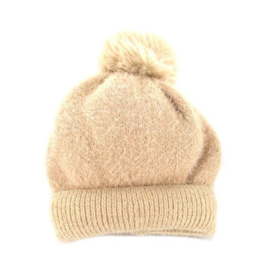 Cream Textured Fluffy Knit Hat With Pompom Detail