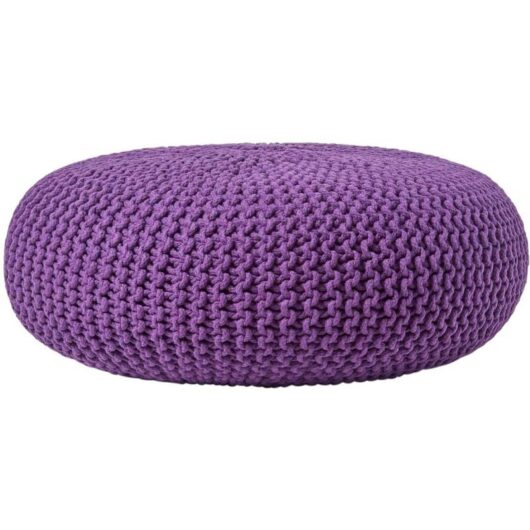 Deep Purple Large Round Cotton Knitted Pouffe Footstool - Homescapes