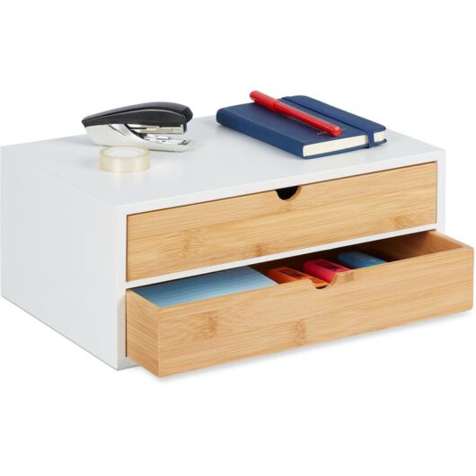 Desk Organiser, 2 Drawers, for Office Supplies, h x w x d: 14 x 33 x 21 cm, Bamboo & mdf, White/Natural - Relaxdays