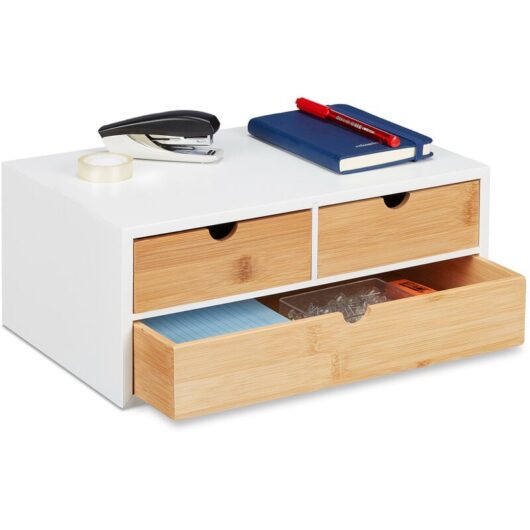 Desk Organiser, 3 Drawers, for Office Supplies, h x w x d: 14 x 33 x 21 cm, Bamboo & mdf, White/Natural - Relaxdays