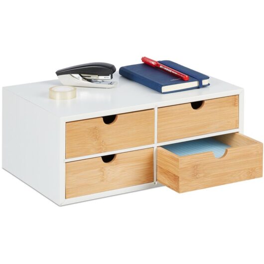 Desk Organiser, 4 Drawers, for Office Supplies, h x w x d: 14 x 33 x 21 cm, Bamboo & mdf, White/Natural - Relaxdays