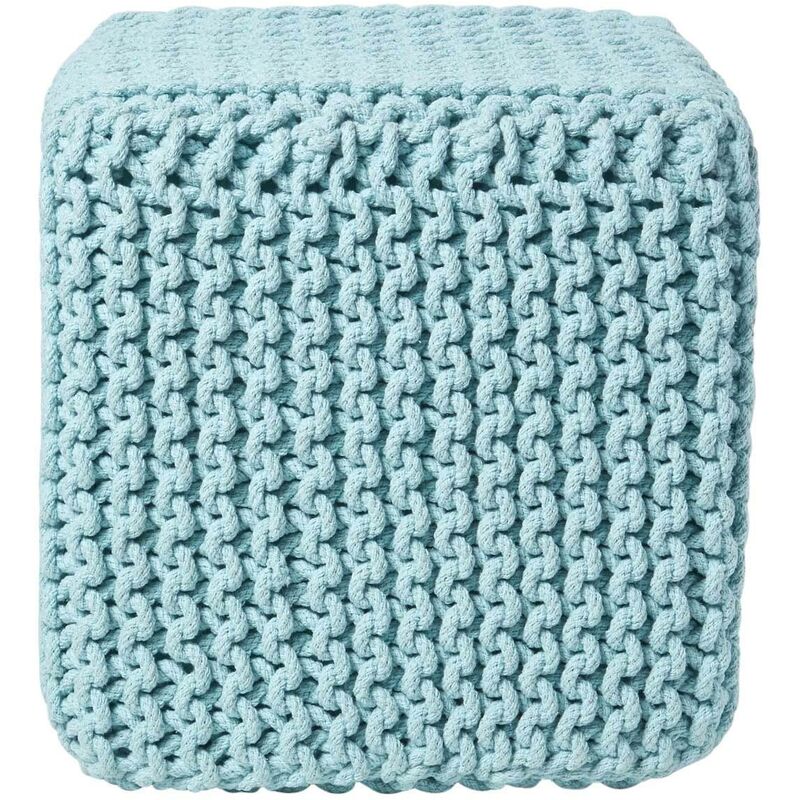 Duck Egg Blue Cube Cotton Knitted Pouffe Footstool - Homescapes