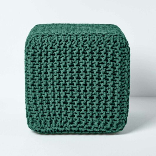 Forest Green Cube Cotton Knitted Pouffe Footstool - Homescapes