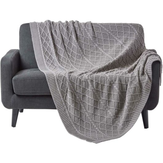 Grey Diamond Cable Knit Cotton Throw, 150 x 200 cm - Grey - Homescapes