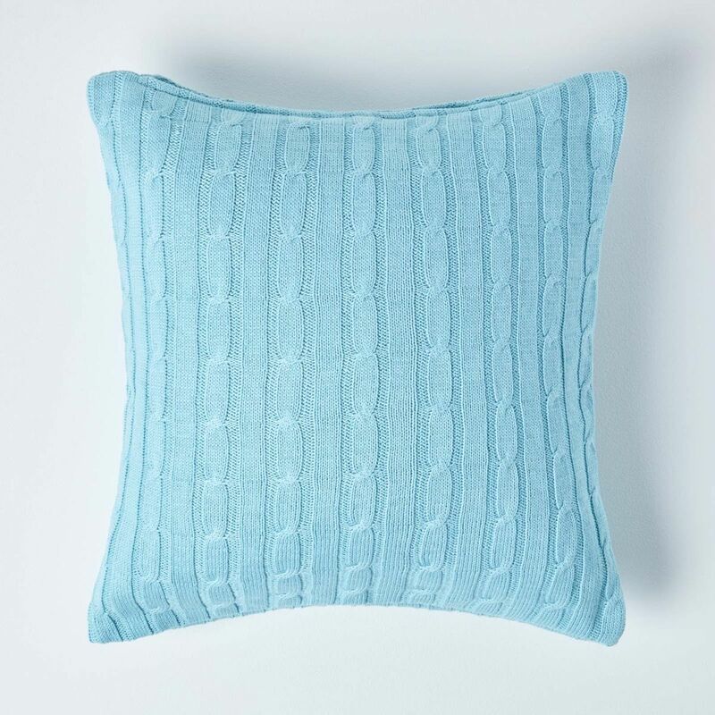HOMESCAPES Cotton Cable Knit Pastel Blue Cushion Cover, 45 x 45 cm