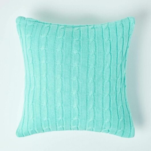HOMESCAPES Cotton Cable Knit Pastel Green Cushion Cover, 45 x 45 cm