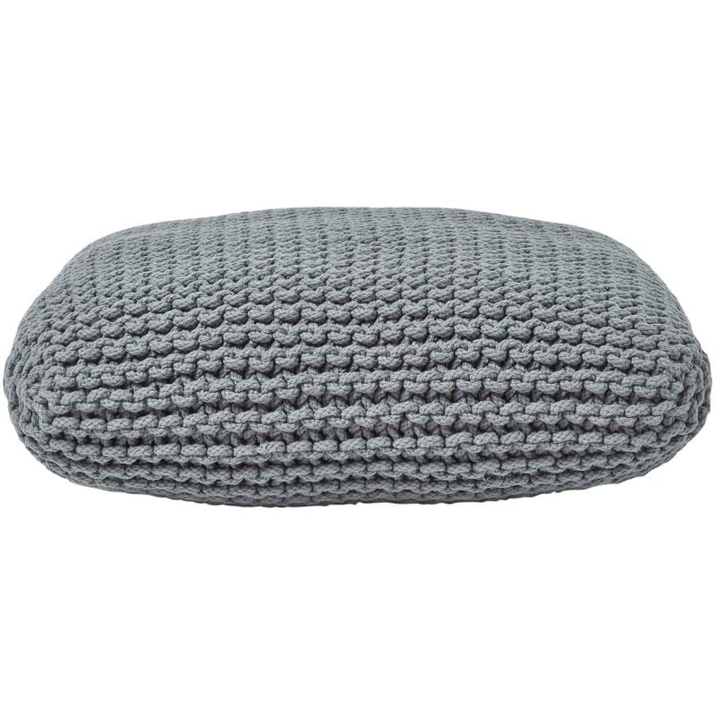 HOMESCAPES Grey Square Cotton Knitted Pouffe Floor Cushion