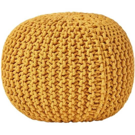 HOMESCAPES Mustard Round Cotton Knitted Pouffe Footstool