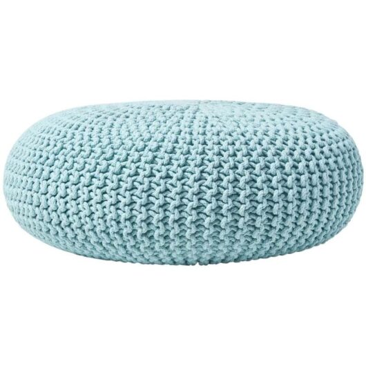 HOMESCAPES Pastel Blue Large Round Cotton Knitted Pouffe Footstool