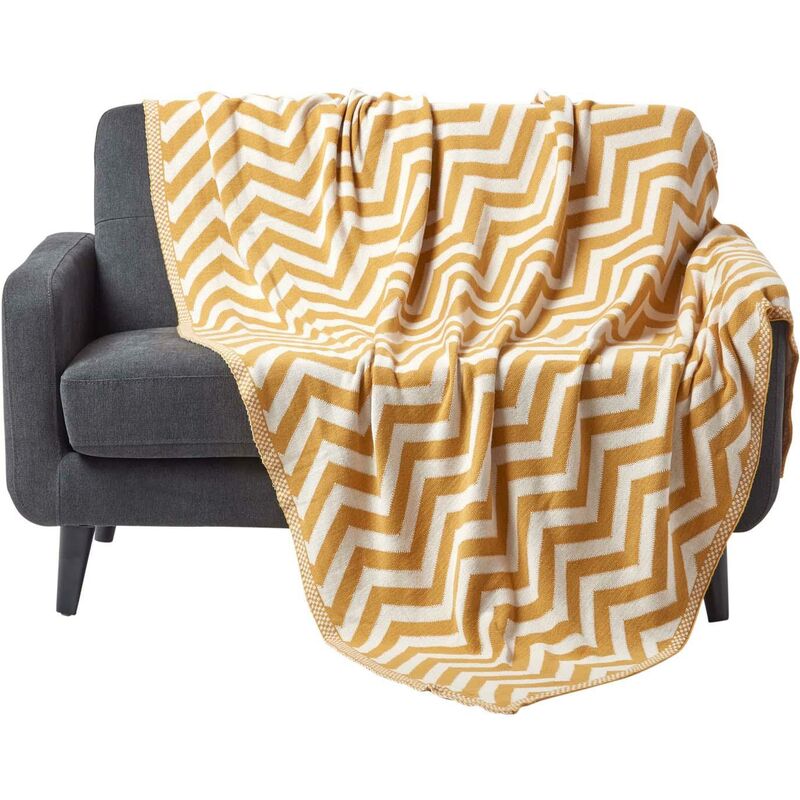 Homescapes - Mustard Chevron Cotton Knitted Throw, 130 x 170 cm - Yellow