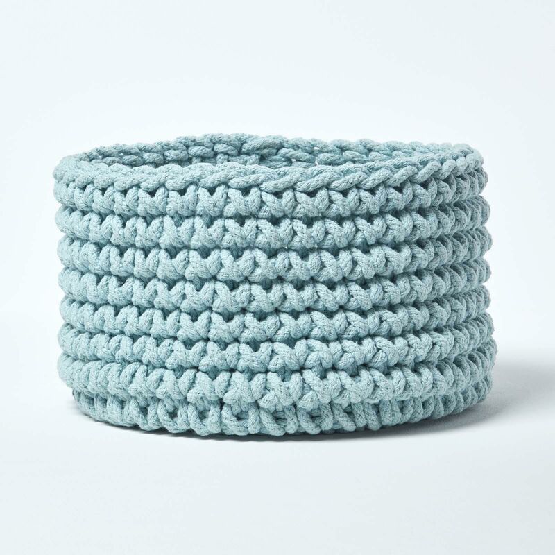 Homescapes - Pastel Blue Cotton Knitted Round Storage Basket, 37 x 21 cm - Pastel Blue
