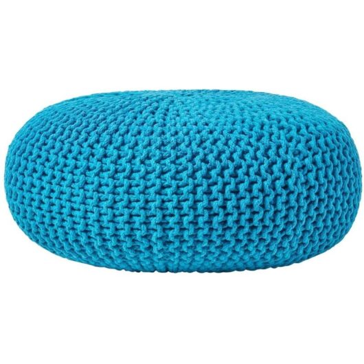 Homescapes - Teal Blue Large Round Cotton Knitted Pouffe Footstool