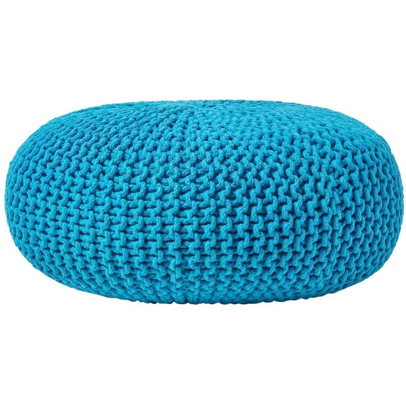 Homescapes - Teal Blue Large Round Cotton Knitted Pouffe Footstool