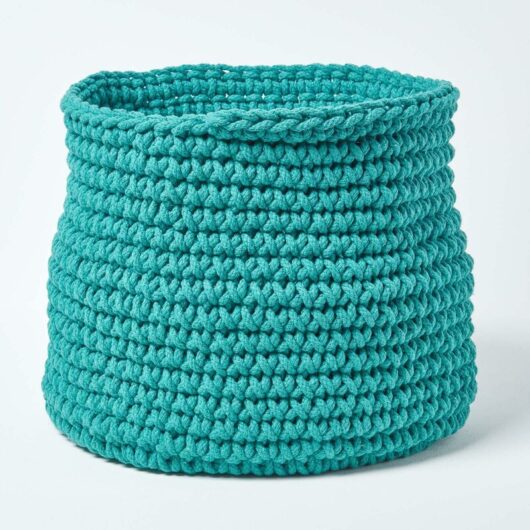 Homescapes - Teal Green Cotton Knitted Round Storage Basket, 42 x 37 cm - Teal Green