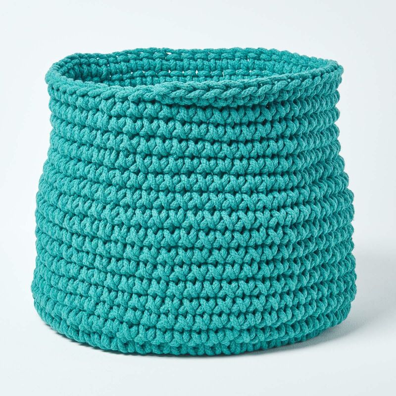 Homescapes - Teal Green Cotton Knitted Round Storage Basket, 42 x 37 cm - Teal Green