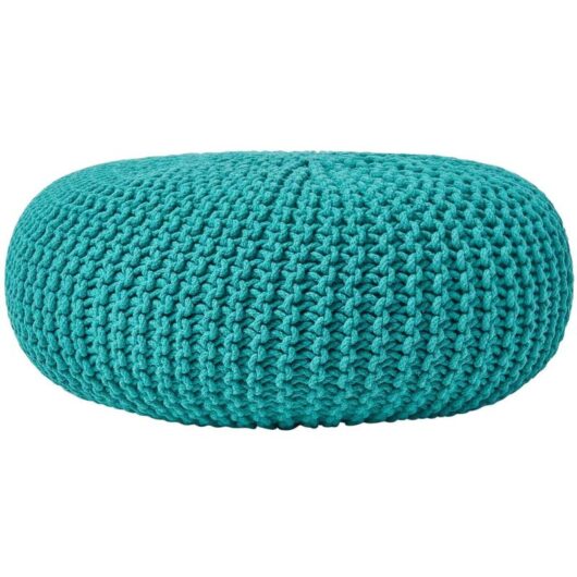 Homescapes - Teal Green Large Round Cotton Knitted Pouffe Footstool