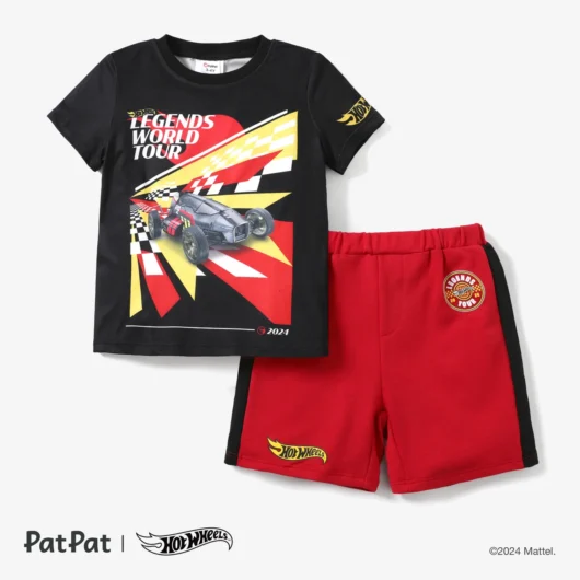 Hot Wheels 2pcs Toddler Boys Racecar Color Block Print T-shirt with Knit Shorts Sporty Set