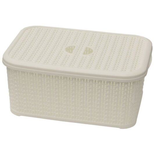 JVL - Knit Design Loop Plastic Lidded Rectangular Storage Basket with Handles, Ivory