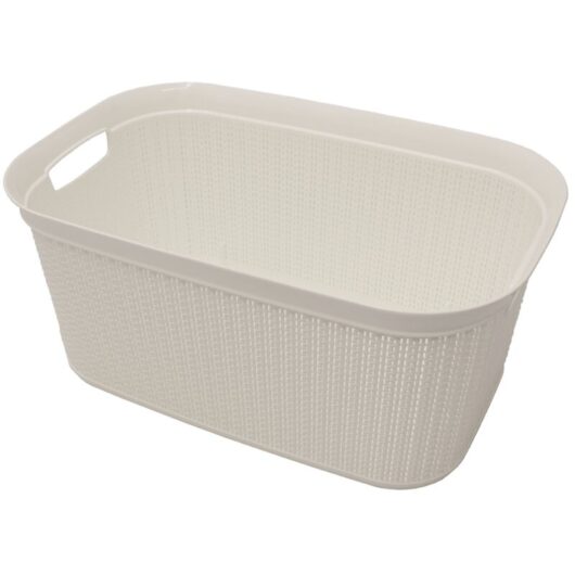 JVL - Knit Design Loop Plastic Rectangular Linen Washing Basket with Handles, Ivory