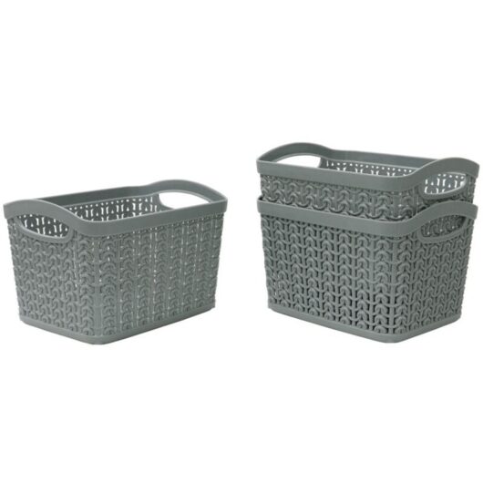 JVL - Knit Design Loop Plastic Set of 3 Storage Boxes, Grey