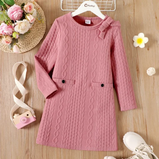 Kid Girl Cable Knit Bowknot Design Long-sleeve Pink