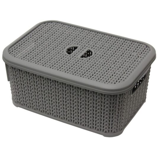Knit Design Loop Plastic Lidded Rectangular Storage Basket with Handles, Grey