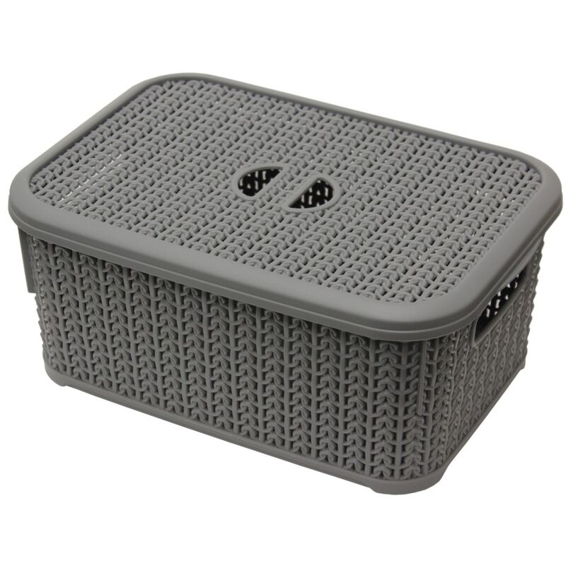 Knit Design Loop Plastic Lidded Rectangular Storage Basket with Handles, Grey