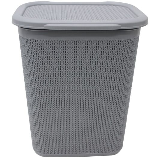 Knit Design Loop Plastic Rectangular Lidded Washing Laundry Basket, Grey