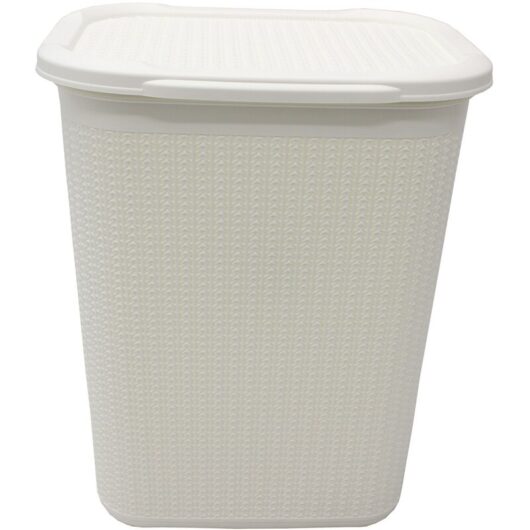 Knit Design Loop Plastic Rectangular Lidded Washing Laundry Basket, Ivory