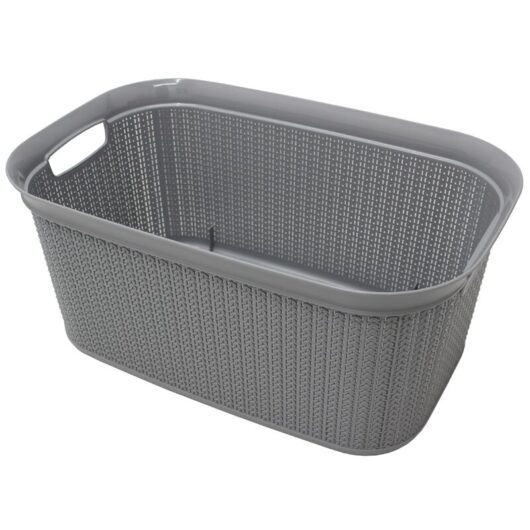 Knit Design Loop Plastic Rectangular Linen Washing Basket with Handles, Grey