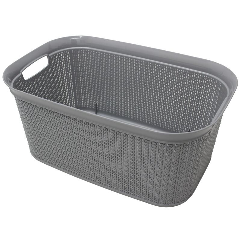 Knit Design Loop Plastic Rectangular Linen Washing Basket with Handles, Grey