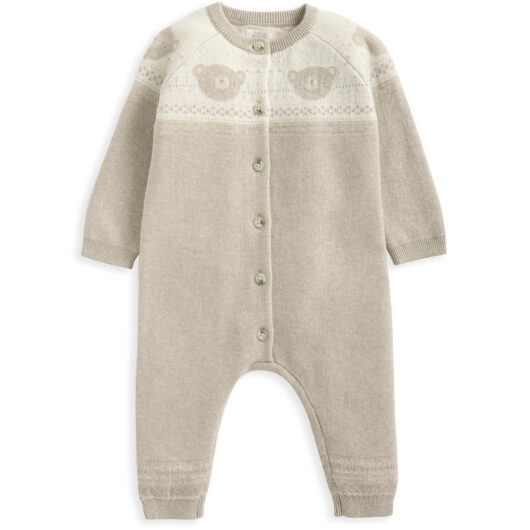 Mamas & Papas Pure Cotton Teddy Bear Fair Isle Knitted Romper (0-12 Mths) - 0-3 M - Beige, Beige