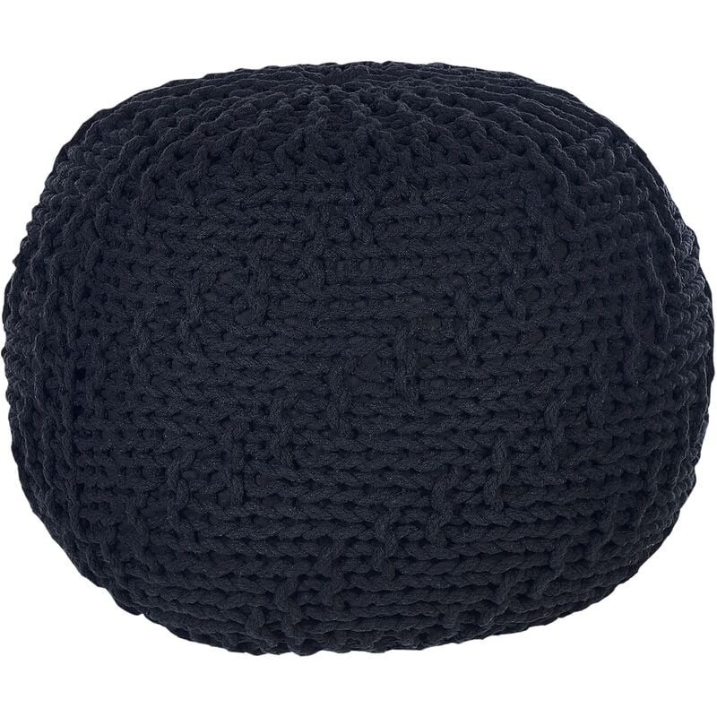 Modern Knitted Round Pouffe Ottoman Cotton Black 50 x 35 cm Priene