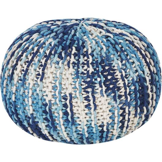 Modern Knitted Round Pouffe Ottoman Cotton White and Blue 50 x 35 cm Conrad
