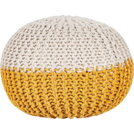 Modern Knitted Round Pouffe Ottoman Cotton Yellow Beige 50 x 35 cm Conrad