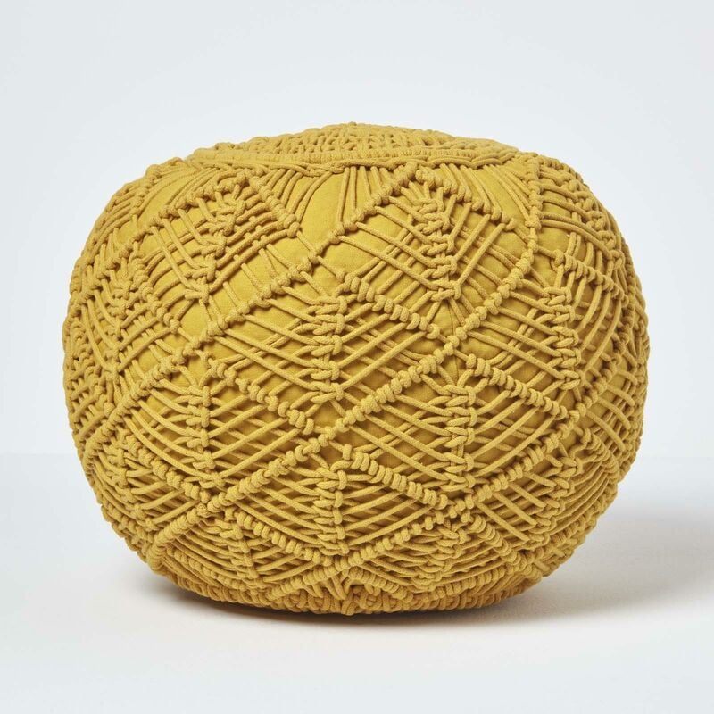 Mustard Crochet Knitted Pouffe 40 x 50 cm - Homescapes