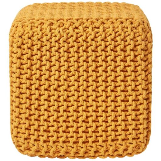 Mustard Cube Cotton Knitted Pouffe Footstool - Homescapes